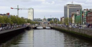 The view of the Liffey River north from a pedestrian bridge The view of the Liffey River north from a pedestrian bridge