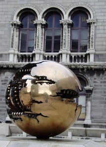 Some art in front of a very old facade at the Old Library Some art in front of a very old facade at the Old Library