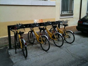 A bicycle rental stand - bicycles are used all over the place A bicycle rental stand - bicycles are used all over the place