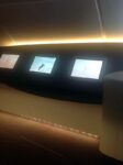 A view to the middle of the standing area - three non-touch screens, on this flight showing a video of a sand castle being blow down
