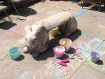 A bunny bench in the backyard