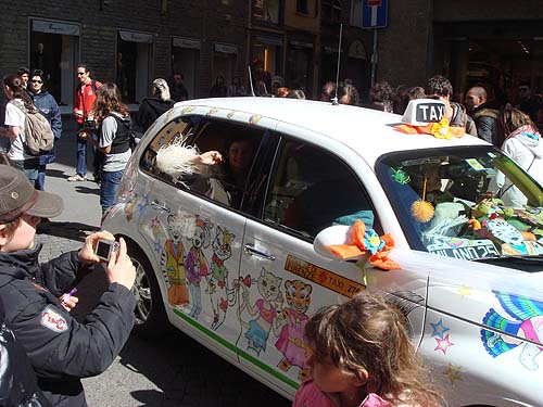 Decorated taxi with occupant
